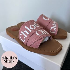 NIB Chloe Woody Flat Canvas Mule Slide Sandals Pink Size 36